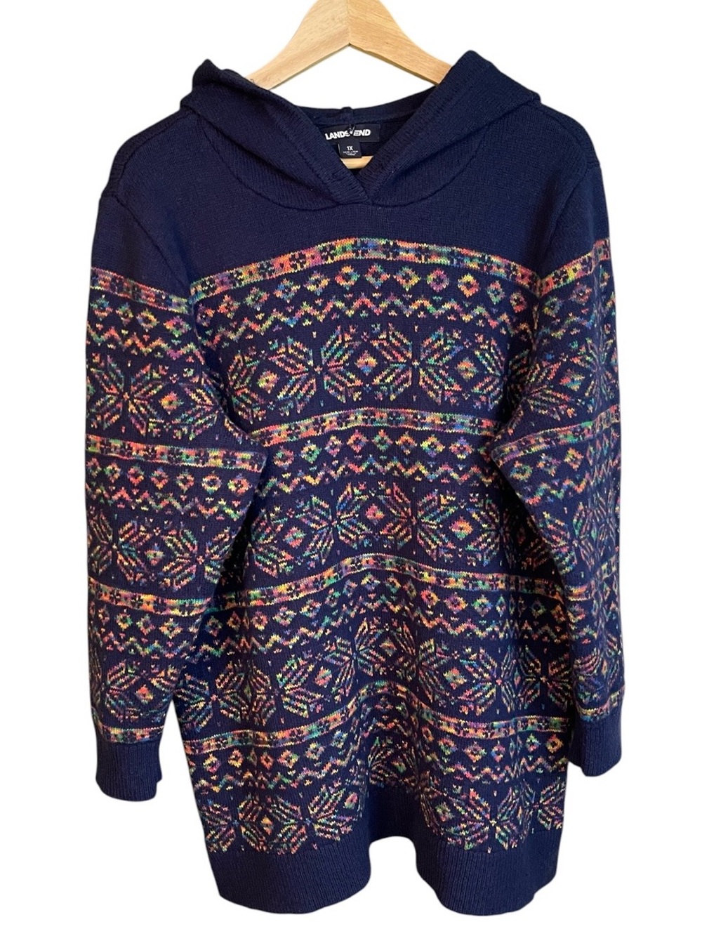 Lands' End Navy Hooded Fair Isle Pullover with Multicolor Pattern Women’s 1X